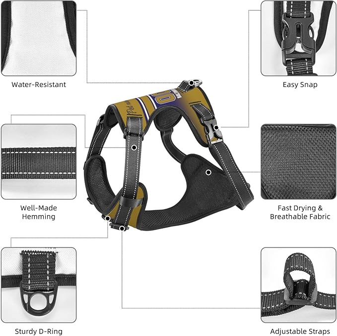Custom Baltimore Dog Harness with Reflective Stripes Personalized Name and Number Dog Vest Harness with Pet Traction Rope for Small Medium Large Dog