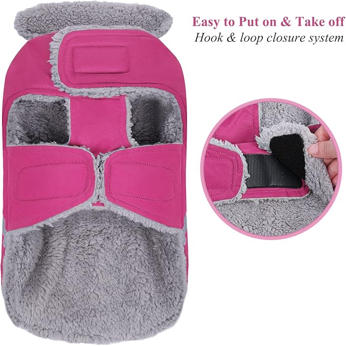 VIVAGLORY Frostfit Dog Coat, Dog Jacket for Winter & Cold Weather, Warm Fluffy Fleece Lined Water Resistant Reflective for Puppy, Coat with Velcro Fastening & Leash Hole, L, Fuchsia