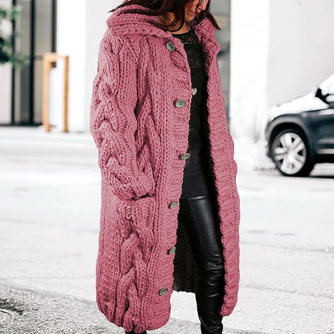 LOAIHA Women Chunky Cable Knit Long Sleeve Cardigan Fall Winter Trendy Oversized Button Down Sweaters Outerwear with Pocket