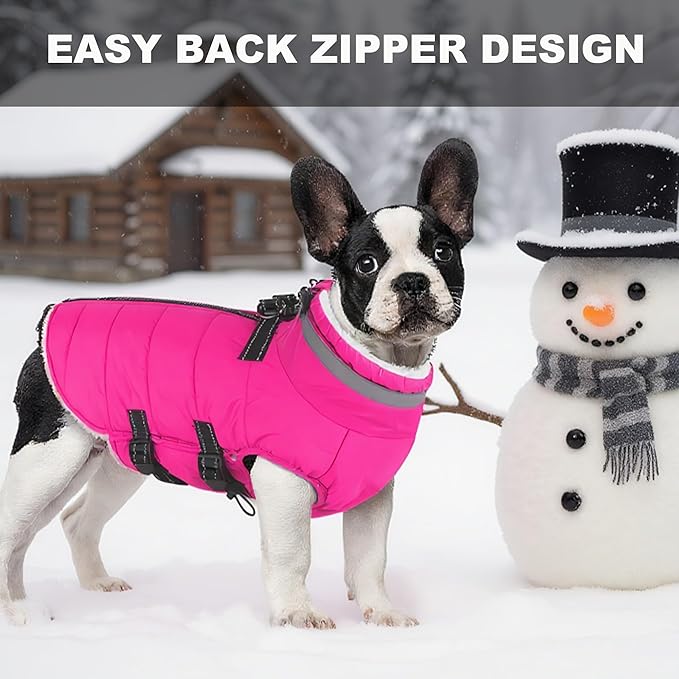 Dog Coat with Harness Built-in, Waterproof Reflective Fleece Lined - Warm Windproof Winter Jacket with Back Zipper, Cold Weather Snow Dog Coats - Pink - L