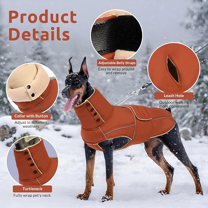 ASENKU Warm Dog Coat, Waterproof Dog Jackets for Large Dogs with Reflective Fleece Vest Turtleneck with Button,Windproof Cold Weather Coats for Small Medium Large Dogs, Red Brown, XL