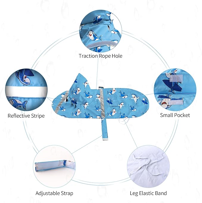 NACOCO Large Dog Raincoat Adjustable - Pet Shark Water Proof Clothes Lightweight Rain Jacket Poncho Hoodies with Strip Reflective Blue (XL, Blue Shark)