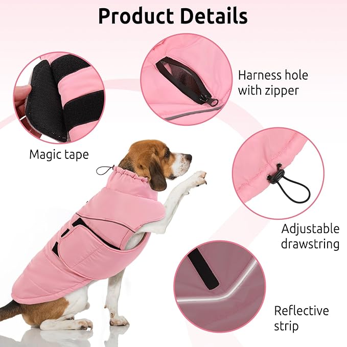 Peferhouse Dog Warm Winter Coats for Large Dogs Female, Dog Cold Weather Coat Dog Windproof Reflective Jacket with Harness Hole Thick Dog Vest Jacket Pink 4XL