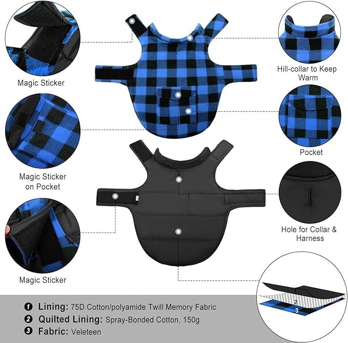 ASENKU Dog Winter Coat, Fleece Doggie Jacket Plaid Reversible Vest Waterproof Windproof Cold Weather Clothes for Small Medium Large Dogs (Blue,3XL)
