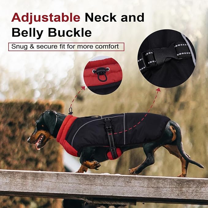 Lelepet Dachshund Coat Warm Dog Winter Coat Waterproof Dog Jacket with Fleece Lining, Reflective Outdoor Dachshund Snowsuit with Leash Hole Adjustable Neckline,Coats for Small Medium Dogs,Red, XS
