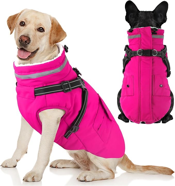Dogcheer Dog Coat with Harness, Waterproof Warm Dog Winter Jacket with Pockets, Reflective Pet Fleece Jacket Turtleneck Snowsuit for Small Medium Large Dogs - Pink, XS