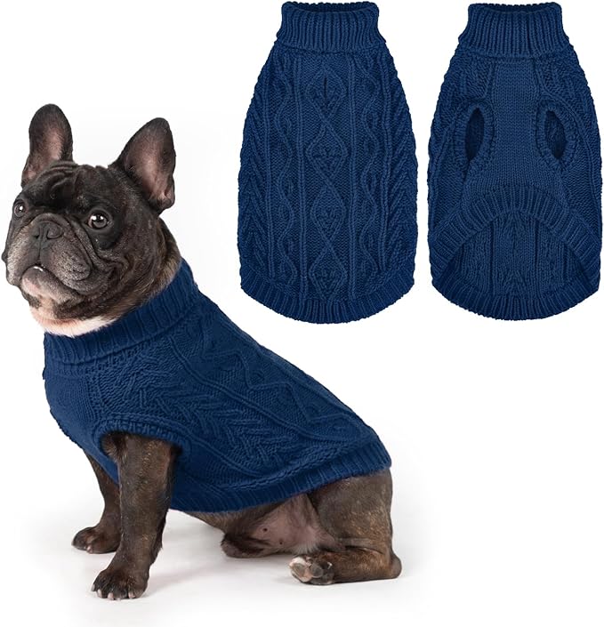 PUPTECK Dog Sweater, Turtleneck Warm Knitted Pullover Coat, Thick Cable Knitwear Clothes in Winter, Pet Apparel Outfits for Small Medium Dogs, for Cold Weather Indoor & Outdoor, Deep Blue XS