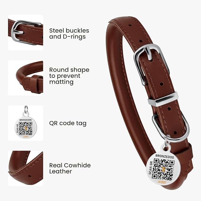 BRONZEDOG Rolled Leather Dog Collar for Small Medium Large Dogs with QR ID Tag (S: 12-14 Inch, Chocolate Brown)