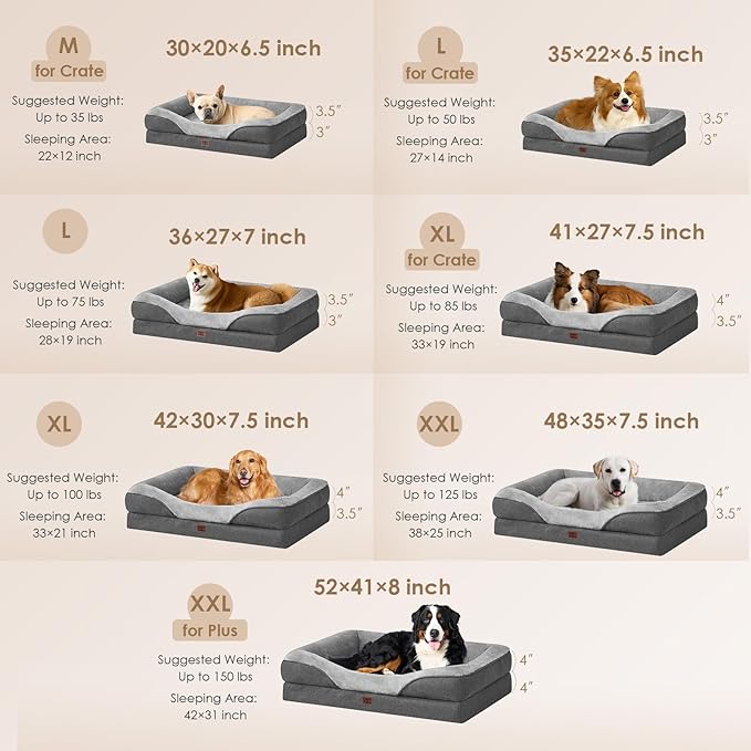 EHEYCIGA Memory Foam Dog Bed for Large Sized, Orthopedic Dog Sofa with Sides and Waterproof Liner, Washable Bolster Pet Couch with Removable Cover, 41x27x7.5 Inch, Grey