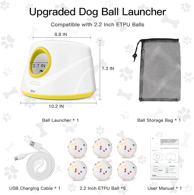 HETOO Automatic Ball Launcher for Dogs: Ball Launcher for Dogs - Automatic Tennis Ball Thrower for Dogs, with 6 Balls- Interactive Dog Toys - Small/Medium Sized Launcher- Yellow