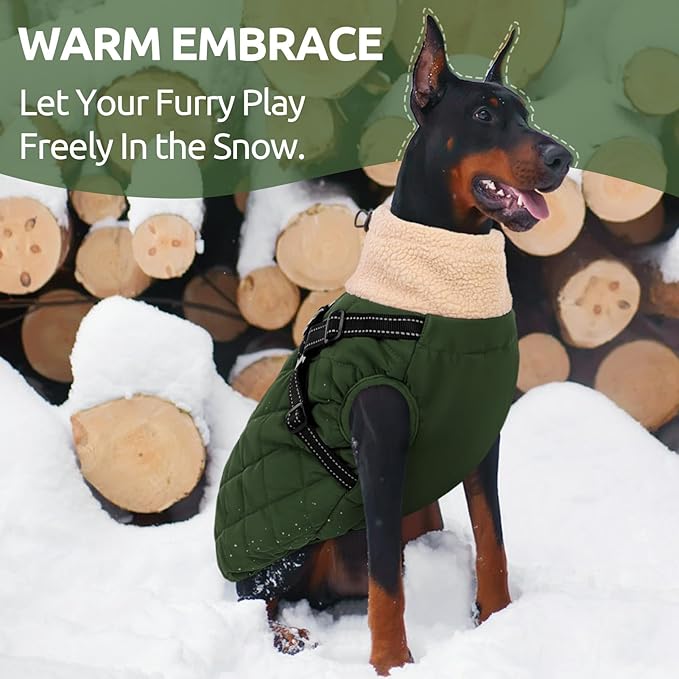 Queenmore Dog Coat, Dog Coats for Small Dogs, Doggy Winter Jacket with Zipper On Back, Waterproof Pet Jacket with Harness Built in, Pet Puffer Coat for Bichon, Schnauzer, Yorkie, ArmyGreen S