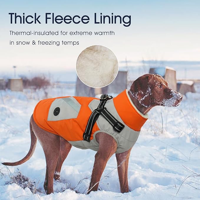 IECOii Warm Small Dog Coat Harness with D Ring -Orange,Small- Zip Small Dog Jacket Winter Reflective, Fleece Lined Dog Snowsuit Snow Jacket,Pet Clothes for Small Dogs Yorkshire Terrier Bichon Shih Tzu