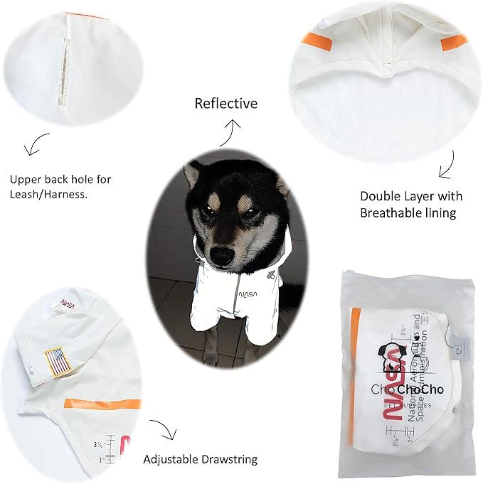 ChoChoCho NASA Dog Rain Jacket, Reflective Water Proof Jacket, Cat & Puppy Stylish Streetwear Outfit - White, L (Medium)