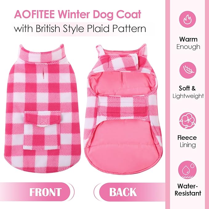 AOFITEE Dog Coat Plaid Dog Winter Coat for Large Dogs, Warm Dogs Jacket Christmas Sweater, Waterproof Pet Puffer Jacket, Reversible Pet Cold Weather Coats for Small Medium Large Pets, Pink XL