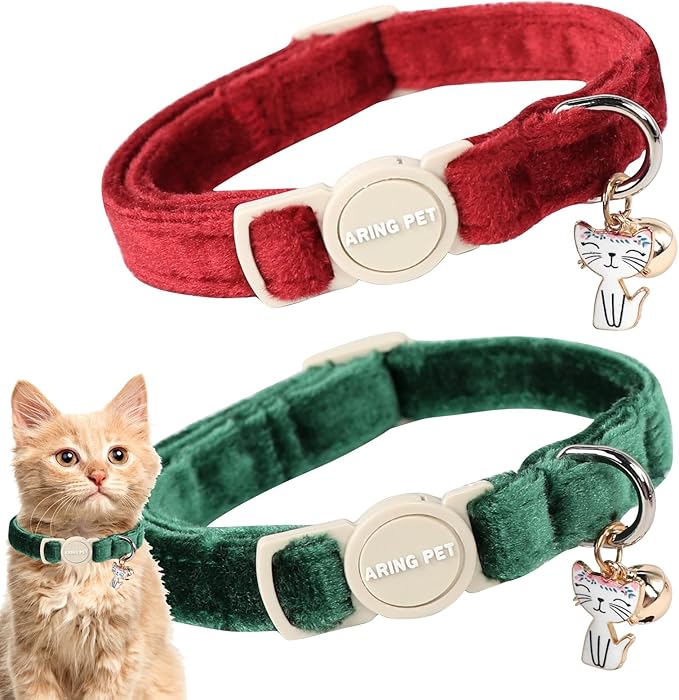 ARING PET 2 Pack Christmas Cat Collars-Cute Breakaway Cat Collar with Bell & Pendant, Adjustable Christmas Kitten Collars with Safety Buckle for Girl and Boy Cats