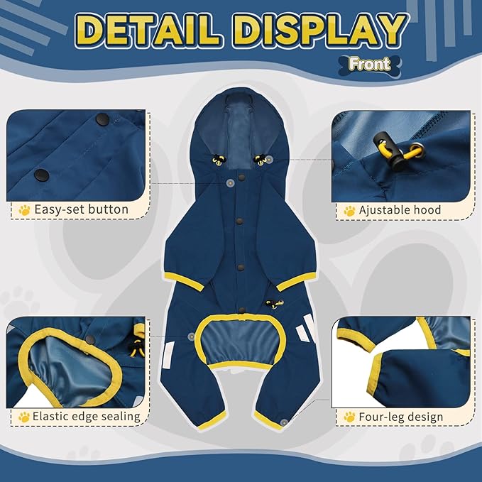 Dog Raincoat, Waterproof Dog Rain Jacket with Hood, Rain Coat with Leash Hole, Reflective Strap for Small Medium Dogs, Lightweight Puppy Clothes(Blue,M)