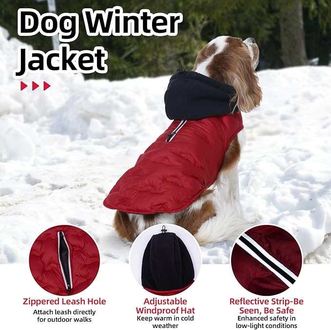 Nanaki Warm Dog Puffer Jacket with Hood-Soft Reflective Dog Coat for Medium Dogs Cold Weather,Lightweight Windproof Snowproof Puffer Vest for Outdoor Walking Hiking, Adjustable Snowsuit Easy On,Red