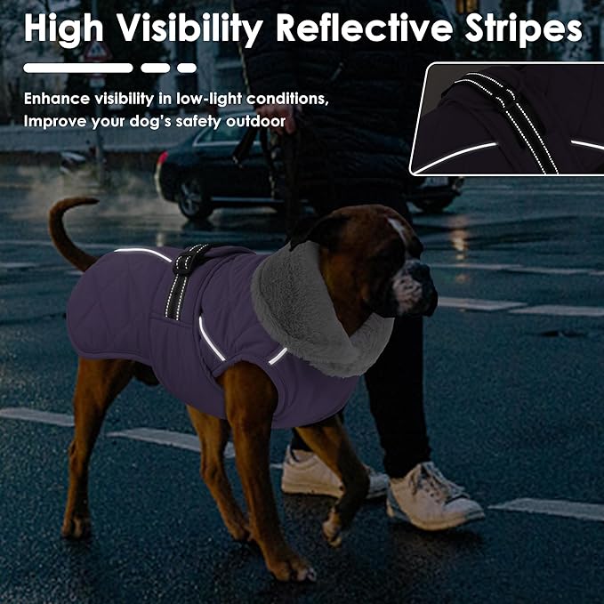 Dog Coat, Waterproof Dog Winter Jacket with Adjustable Buckle, Reflective Turtleneck Pet Snow Vest Warm Fleece Sweater for Small Medium Large Dogs - Purple, 2XL