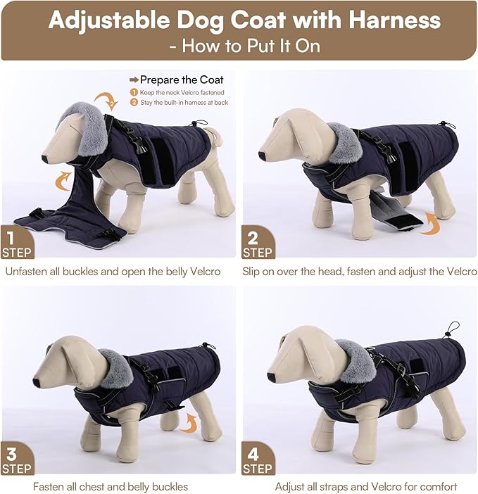 Queenmore Winter Dog Jackets for Extra Large Dogs with Harness Built-in, Waterproof Puffer Coat for Large Breed, Pet Snow Jacket for Winter/Cold Weather - Fleece Easy On Reflective, Navy XL
