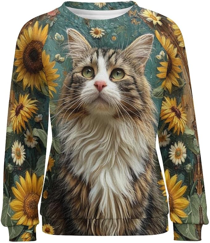 Long Sleeve Shirts for Women Cat Oil Painting Shirt 3D Graphic Sweatshirts Fall Pullover Crewneck Vintage Boho Tops