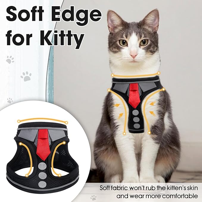 Cat Harness and Leash Set for Walking Escape Proof, Soft Adjustable Kitten Harness Breathable Mesh with Reflective Strips Harness for Kitty Puppy Bunny (Black, Small)