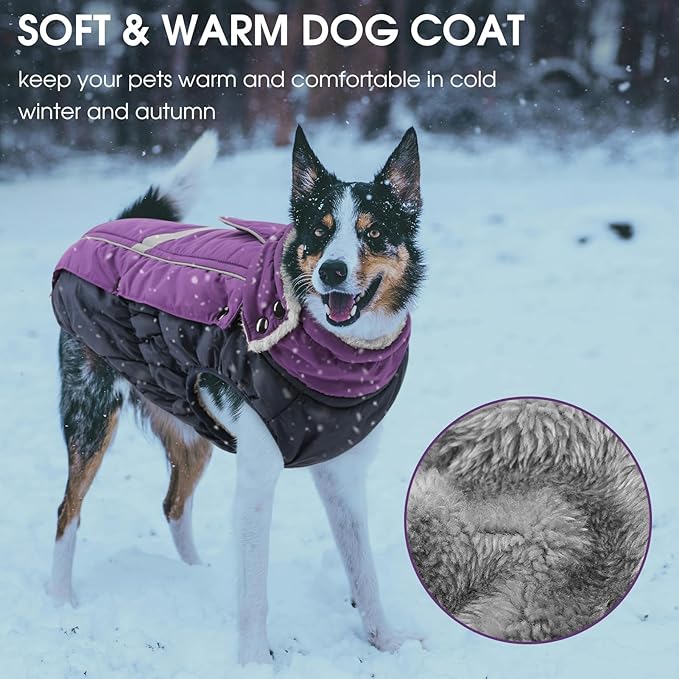 Queenmore Waterproof Dog Coat for Small Dogs,Reflective Windproof Dog Jackets with Leash Hole,Winter Dogs Coat with Zipper On Back,Warm Snowsuit with Fleece Lining（Purple,S