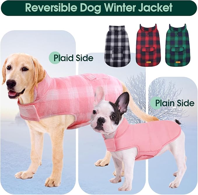 Kuoser Dog Winter Coat, Reversible Dog Jacket, Warm Doggie Coat British Style Puppy Cold Weather Vest, Windproof Pet Clothes Vest for Small Dogs, Pink S