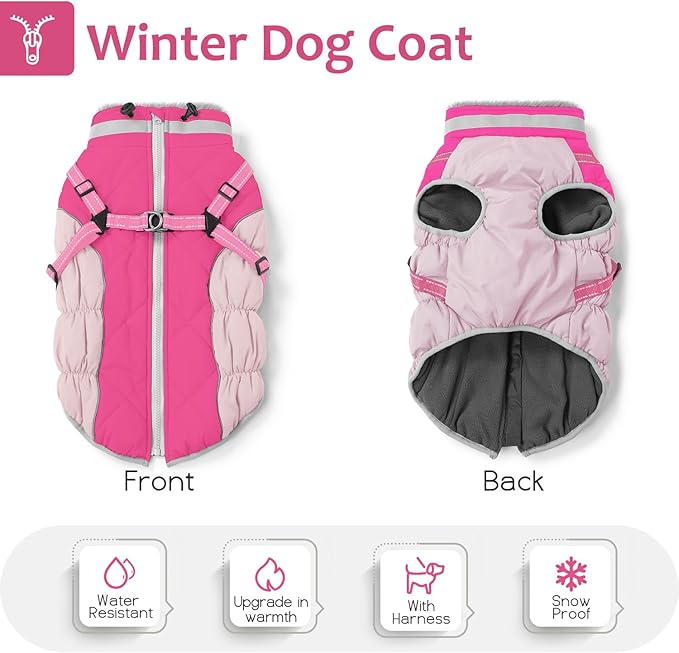 Dog Winter Coat with Harness, Dog Jacket, Pet Clothes with Zipper on Back, Waterproof Windproof Warm Vest, Reflective Cold Weather Coats, for Small Medium Large Dogs, Thick, Pink, XL