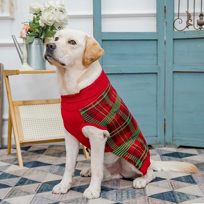 PUPTECK Dog Christmas Sweaters for Large Medium Small Dogs - Fall Outfit Classic Plaid Style Puppy Holiday Winter Coat Clothes Warm, Red & Green, XL