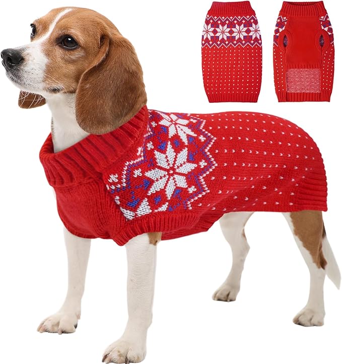 Kuoser Dog Sweater, Holiday Christmas Snowflake Pet Warm Knitwear Dog Sweaters Soft Puppy Clothing, Doggie Turtleneck Cold Weather Outfit Pullover for Small Medium Large Dogs Cats, Red M