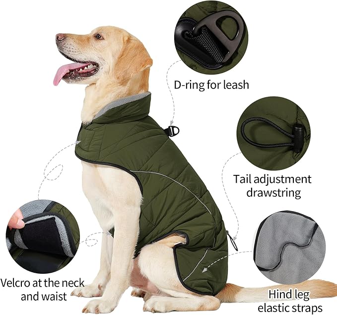 HEYWEAN Dog Winter Coat - Waterproof Windproof Reflective Vest for Medium & Large Breeds Adjustable Warm FleeceLined Jacket with Magic Tape & D-Ring for Leash Cold Weather Apparel (Green, Small)