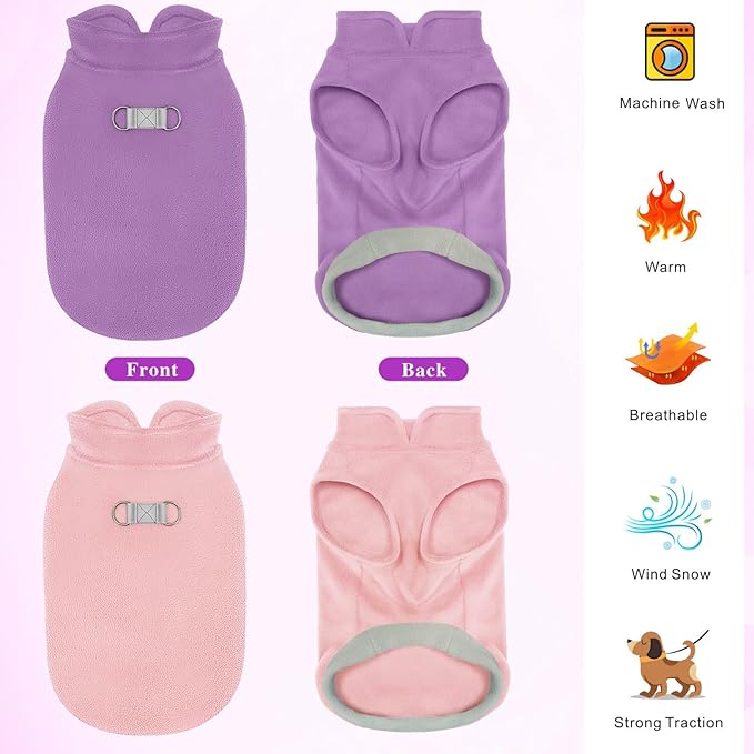 Idepet 2 Pack Dog Fleece Vest Sweater Warm Pullover Jacket with D-Ring Leash Reflective Winter Coat Hoodie for French Bulldog Pug Chihuahuas Yorkies Dachshunds(Purple&Pink,Large-French Bulldog)