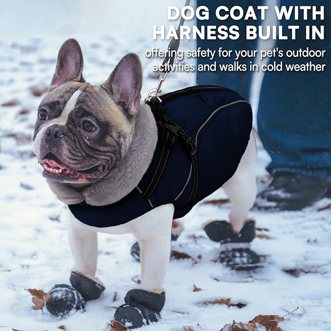 Queenmore Dog Jackets for Large Dogs,Dog Coat with Harness Built in,Waterproof Dogs Coats with Zipper On Back,Warm Fleece Lining Cold Weather Pet Coats with Furry Collar for Labrador,NavyBlue,XL