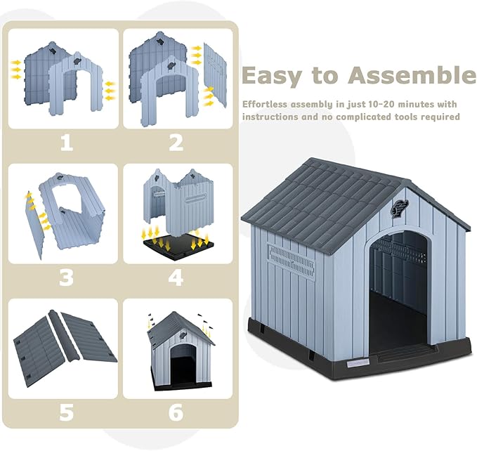 PUKAMI Large Dog House Outdoor Indoor, Plastic Dog House Weatherproof for Large Dogs, Study Puppy Shelter with Air Vents and Elevated Floor, Easy Clean and Assemble (Grey, 36.81"D x 38.7"W x 39.1"H)