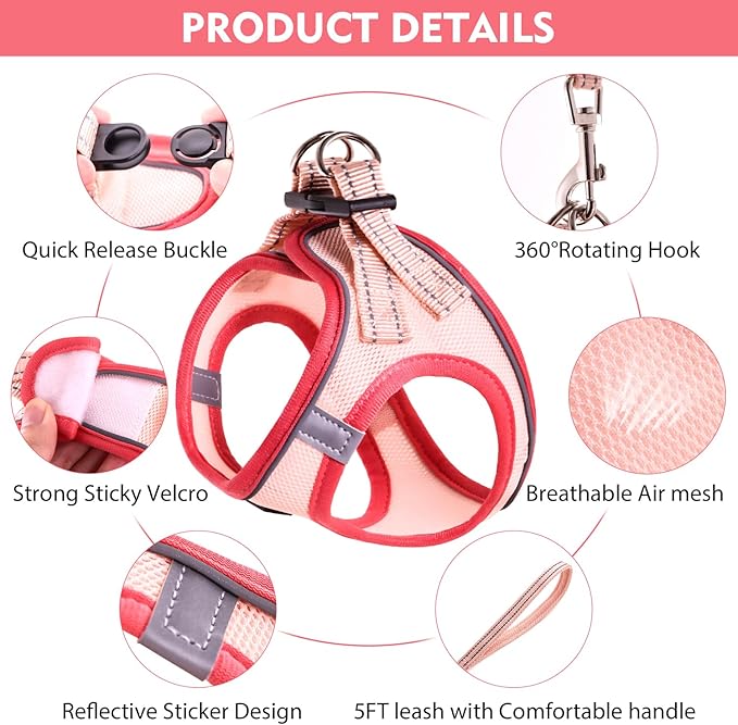 Cat Harness and Leash Set, Soft and Breathable Vest with Reflective Strip, Escape Proof Kitten Harness, Easy to Wear for Cats Walking and Traveling (Pink, XS)