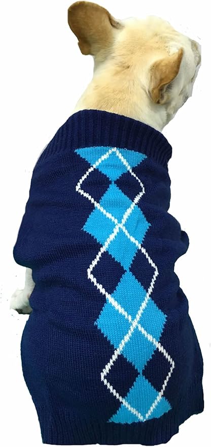 Alemon Blue Argyle Cable Knit Turtleneck Sweater for Medium Dogs Knitwear Girl Boy Dog Sweater Back Length 19"