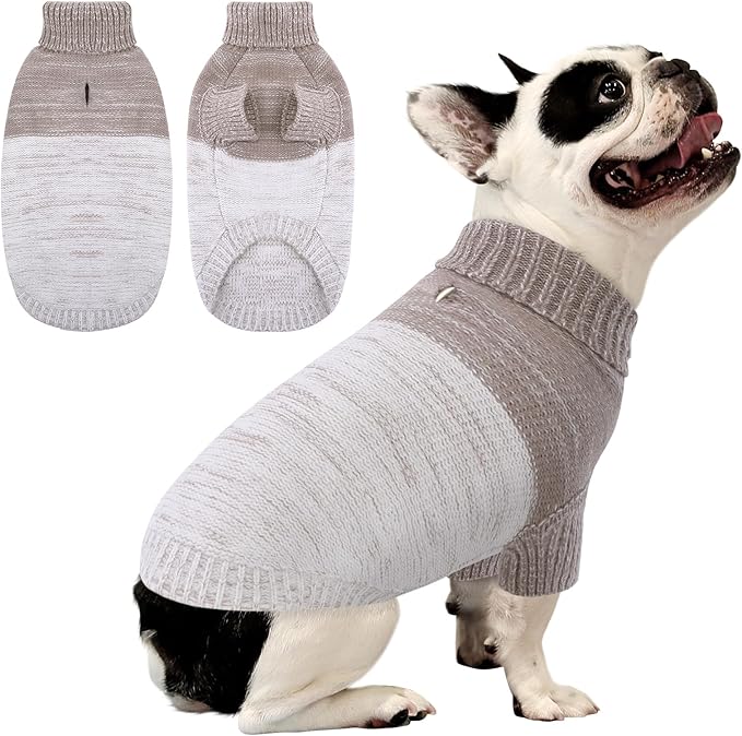 Queenmore Small Dog Sweater, Knitted Pullover Puppy Sweater,Cold Winter Pet Sweaters for Dog Girls Boys, Soft Turtleneck Knit Sweater with Leash Hole,Long Sleeves Christmas DogSweater(Khaki,XS)