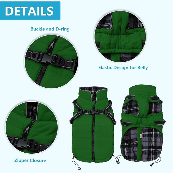 Geyecete Winter Warm Coat Waterproof Dog Winter Jacket with Harness Traction Belt,Pet Outdoor Jacket Dog Autumn and Winter Clothes for Medium, Small Dog-Green-M