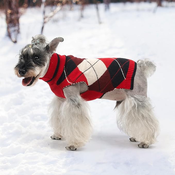 KOOLTAIL Dog Sweater for Small Dogs, Puppy Knitted Clothes - Classic Plaid Pullover Turtleneck Thick Warm Fall Cat Sweaters with Leash Hole, Dog Winter Clothes for Chihuahua Dachshund Girls Boys, XS