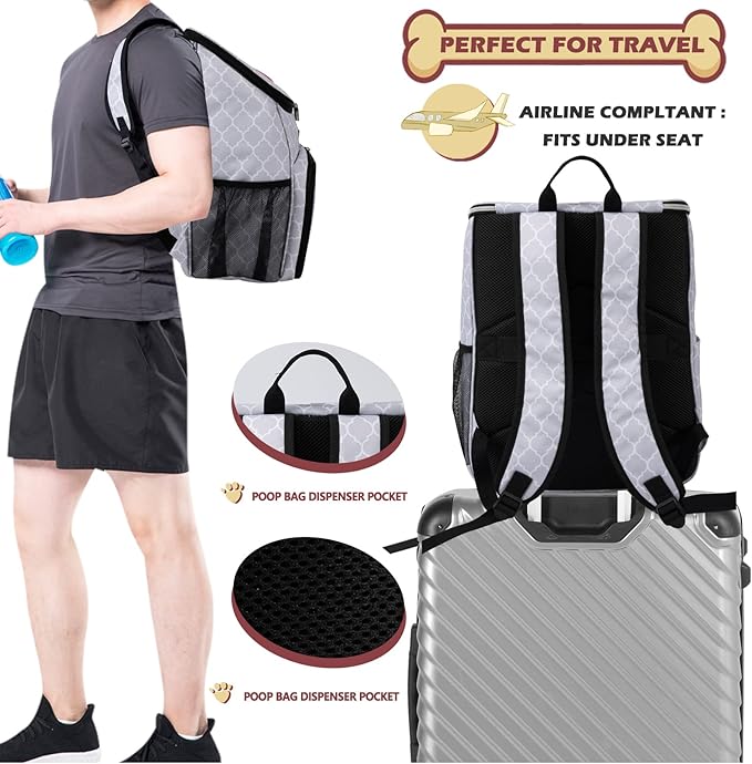 BAGLHER Dog Travel Bag Backpack, Airline Approved Pet Supplies Backpack, Dog Travel Backpack with 2 Silicone Collapsible Bowls and 2 Food Baskets DLWhite