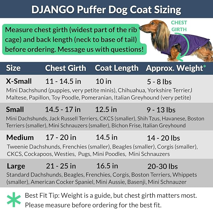 DJANGO Reversible Puffer Dog Coat – Warm Winter Dog Jacket & Water-Repellent Insulated Dog Coat w/Harness Hole, Windproof, Adjustable Fit for Small & Medium Dogs, Dachshunds – Violet Purple, X-Small