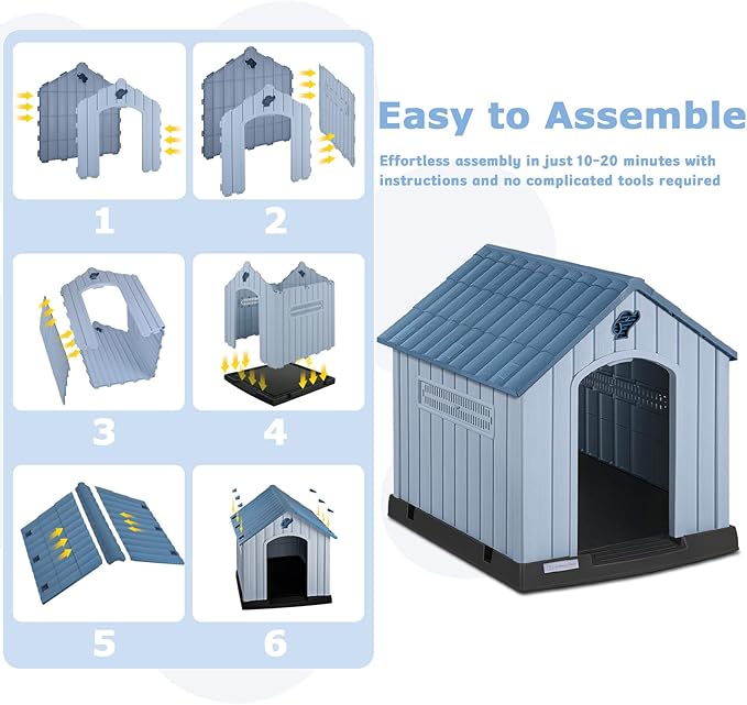 PUKAMI Large Dog House Outdoor Indoor, Plastic Dog House Weatherproof for Large Dogs, Study Puppy Shelter with Air Vents and Elevated Floor, Easy Clean and Assemble (Blue, 36.81"D x 38.7"W x 39.1"H)