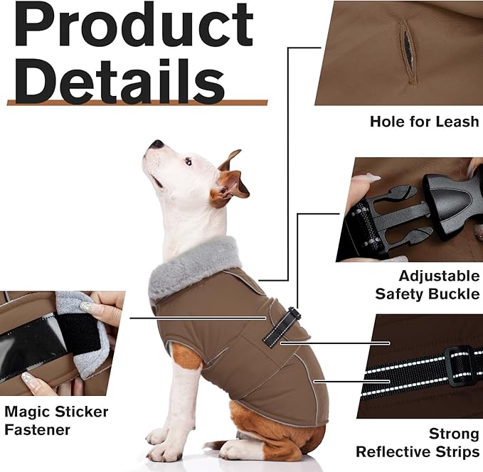 Lelepet Warm Dog Coats for Large Dogs Waterproof Dog Jacket Reflective Pet Fleece Vest Windproof Cold Weather Coats with Adjustable Buckle & Leash Hole, Brown, XXL