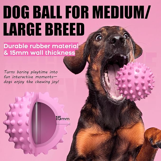 Apasiri Dog Toy Squeaky Ball: Bacon-Flavored Rubber Interactive Spiky Ball for Anxiety Relief, Indestructible Pet Toy for Medium/Large Dogs, 3.5-Inch-Perfect Party Gift - Pink