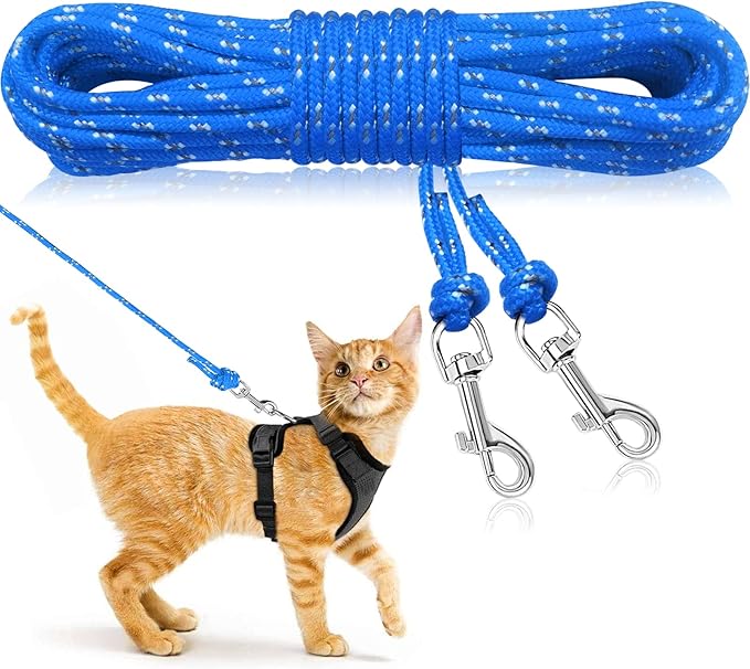 Rypet Reflective Cat Long Leash - 30 FT Escape Proof Walking Leads Yard Long Leash Durable Safe Personalized Extender Leash Traning Play Outdoor for Kitten, Puppy, Rabbit and Small Animals