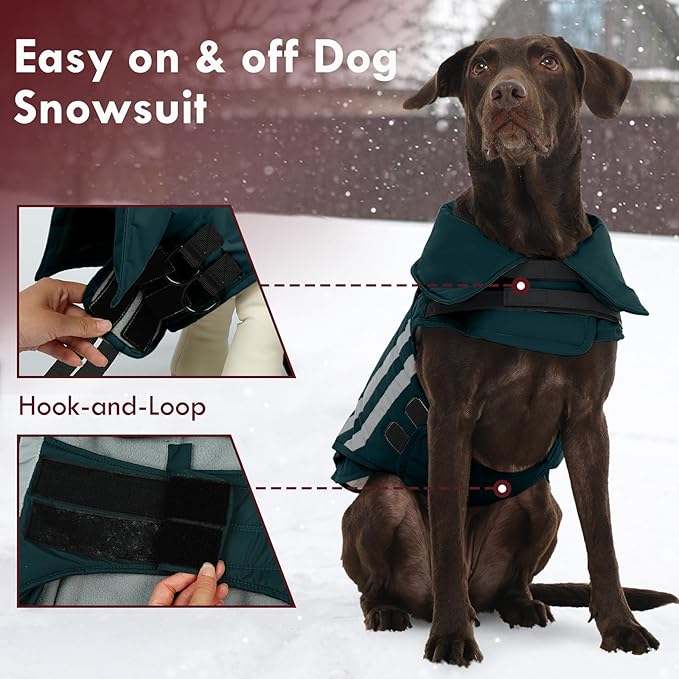 Dog Coat for Large Dogs Winter Waterproof Dog Jacket with Harness Reflective Turtleneck Hook & Loop Snowsuit Warm Fleece Snow Jackets Thermal Cold Weather Coats, Green 3XL