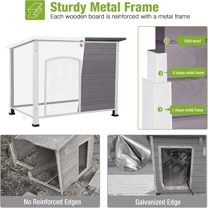 GUTINNEEN Heated Dog House Outdoor 43.3" Large Dog Kennel with Metal Frame Insulated Dog Crate Cage for Large Dogs Outside with Heater and Insulated Liner, Grey