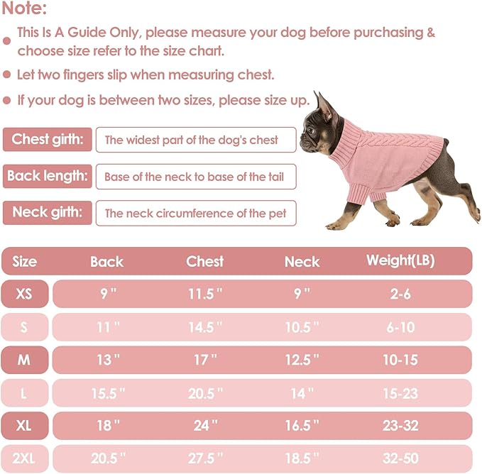 Dog Sweaters for Small Dogs Classic Turtleneck Dog Christmas Sweater Thick Warm Pullover Female Puppy Pet Stretch Knitwear Fall Winter Clothes with Leash Hole(Pink, S)