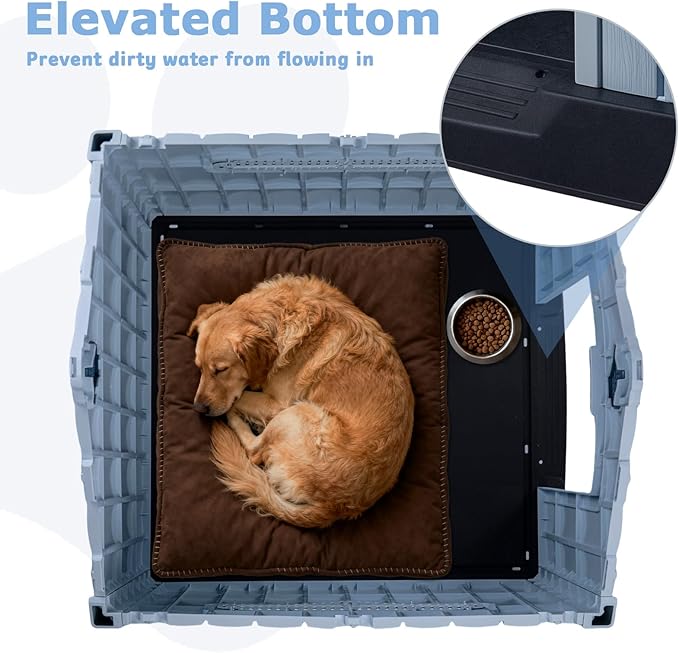 PUKAMI Large Dog House Outdoor Indoor, Plastic Dog House Weatherproof for Large Dogs, Study Puppy Shelter with Air Vents and Elevated Floor, Easy Clean and Assemble (Blue, 31.5"D x 33.5"W x 33.9"H)