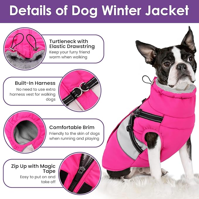 SUNFURA Dog Coat, XXXL Dog Jacket Winter with Harness Built in, Waterproof Pet Snow Jacket with Furry Collar for Chilly Day, Reflective Fleece Snowsuit for Extra Large Dogs, Hot Pink 3XL